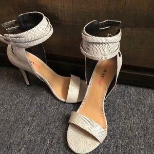 White ankle strap heels